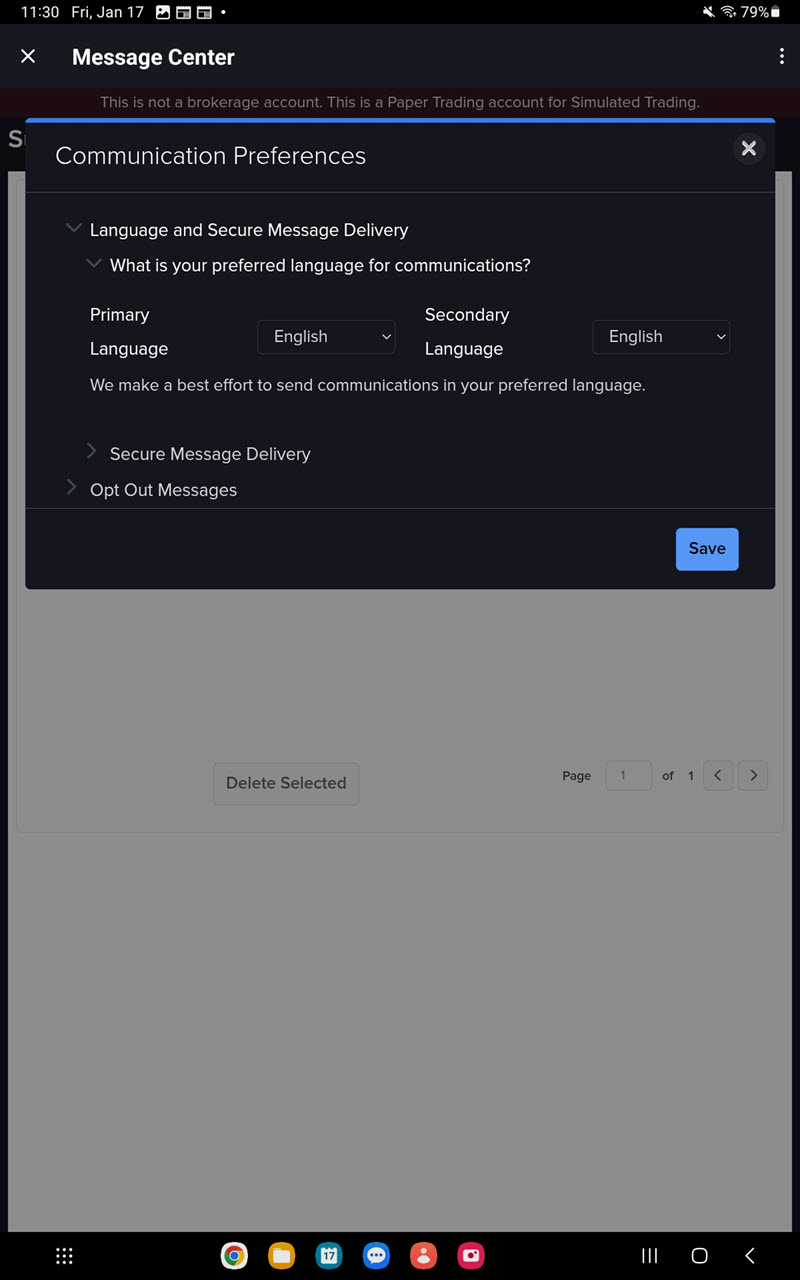 The communication preferences on the Android Tablet